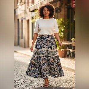 Sienna Sky Navy Floral Tiered Maxi Skirt
